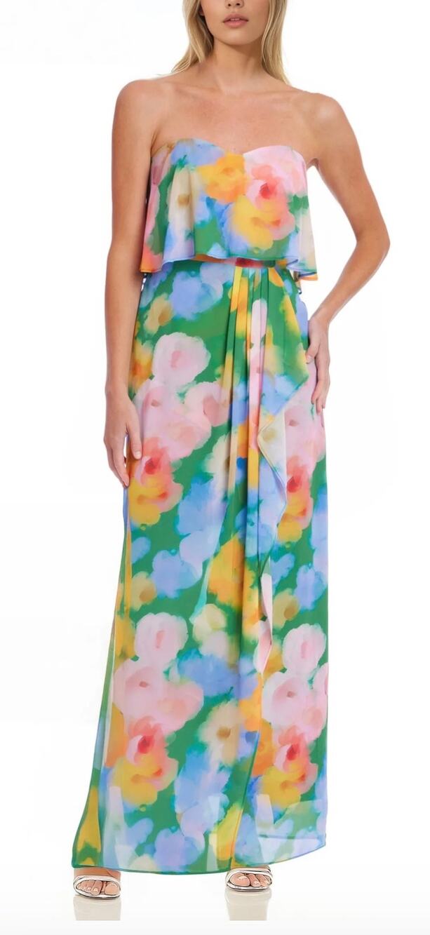 Jewel Badgley Mischka Felicity Floral Chiffon Strapless Gown Dress 10 NWT